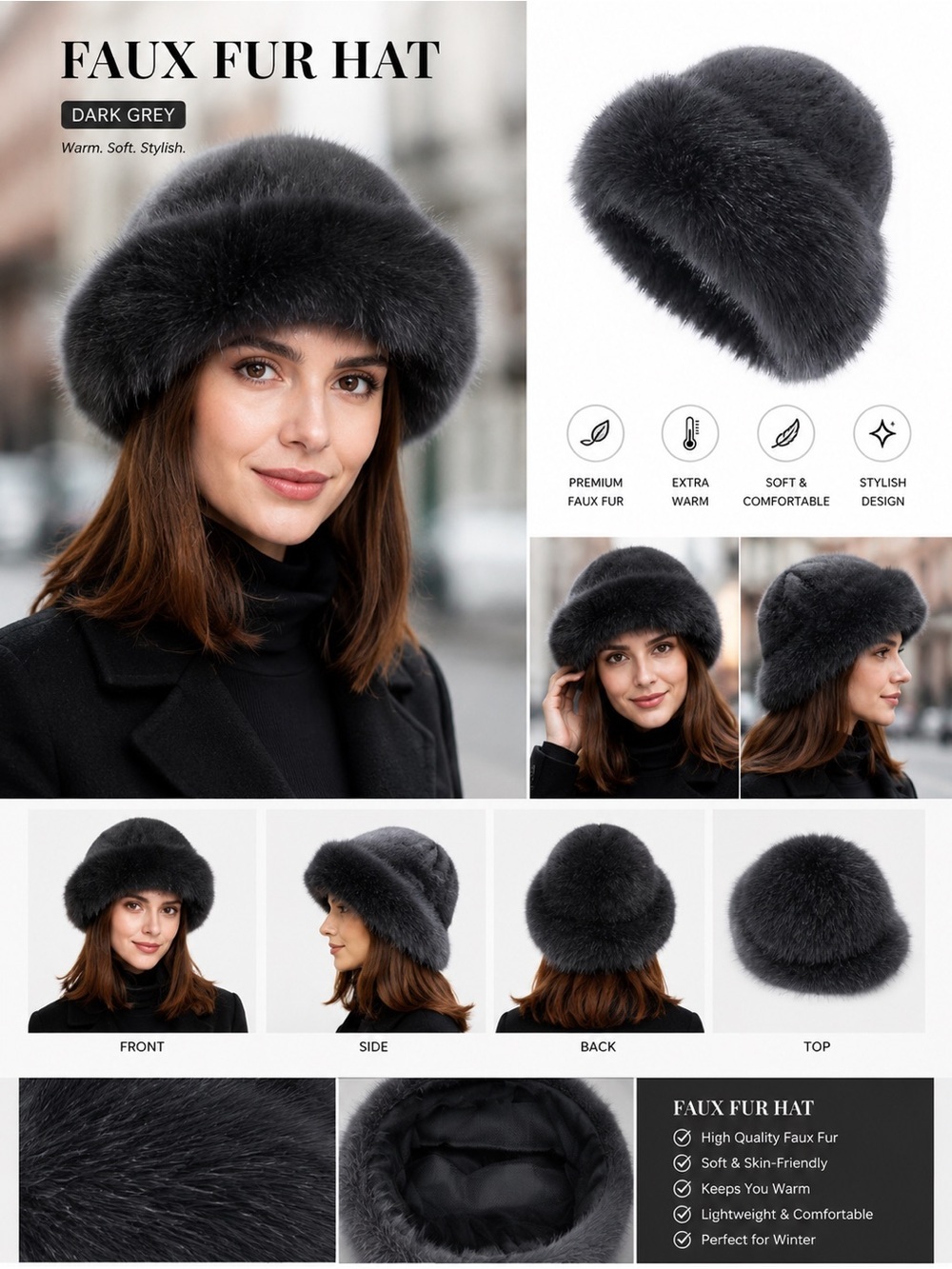 Dark gray Faux Fur Winter Hat – Soft & Warm Russian Style